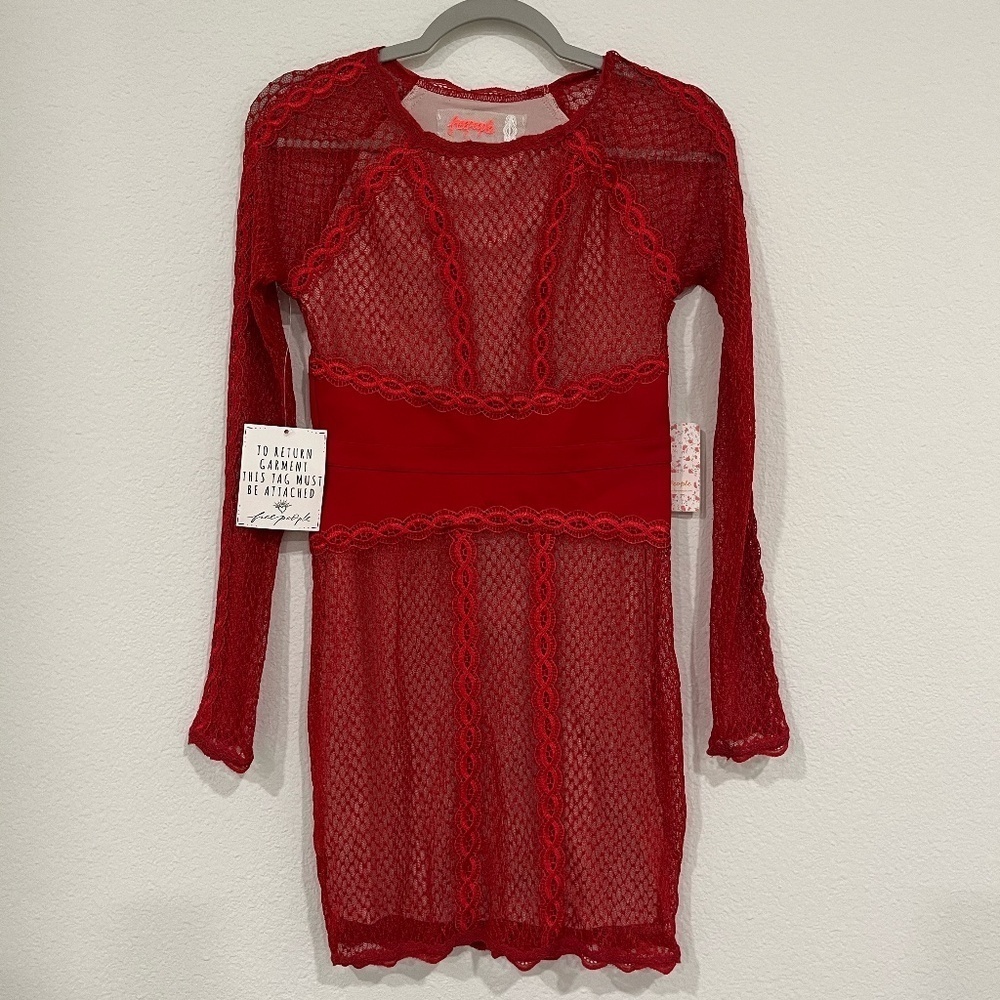 NWT FREE PEOPLE | Lace Mesh Bodycon Embroidered Mini Dress in Cherry | Size XS - Picture 2 of 9